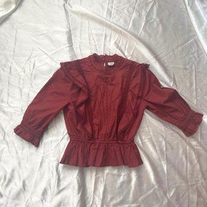 Aritzia Sunday Best Short Sleeve Ruffled Eyelet Blouse in Solid Red Size XXS